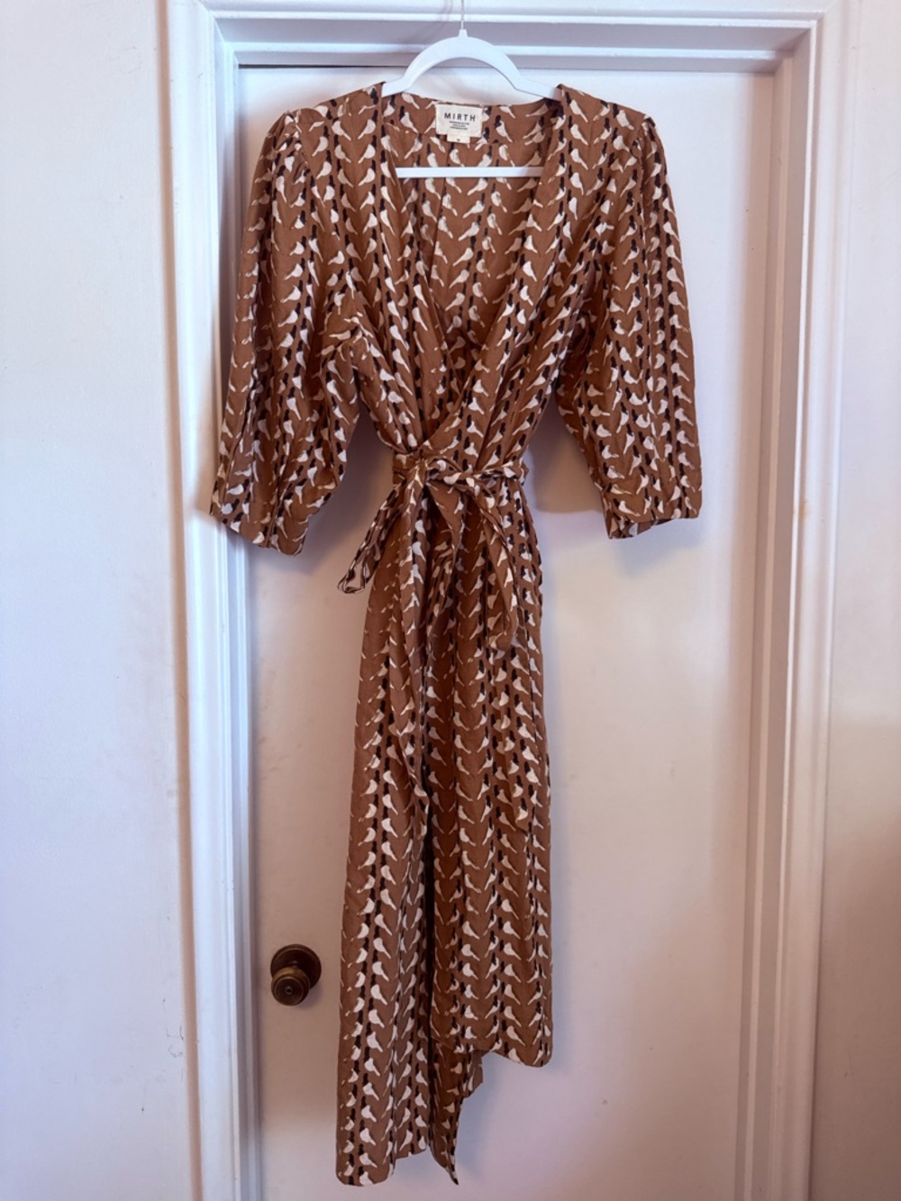 Mirth Brown Printed Wrap Midi Dress with Tie Waist